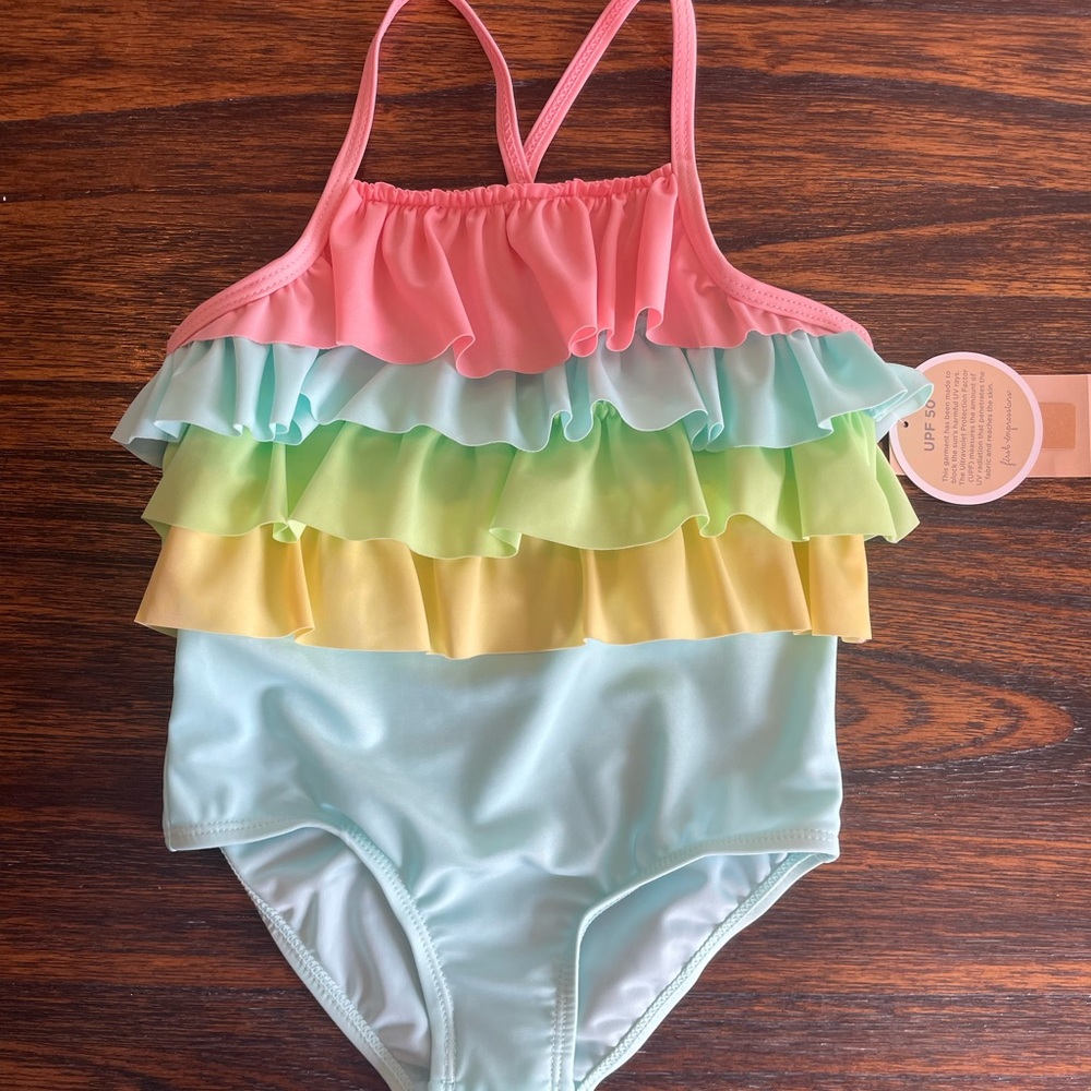 First Impressions Pink and Blue One Piece Swimsuit with Ruffles - NWT
